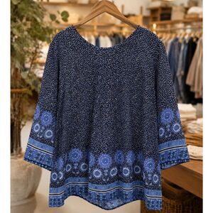 Boden Women’s 16 Navy Floral Blouse Pintuck Front Sheer 3/4 Sleeve Cottagecore
